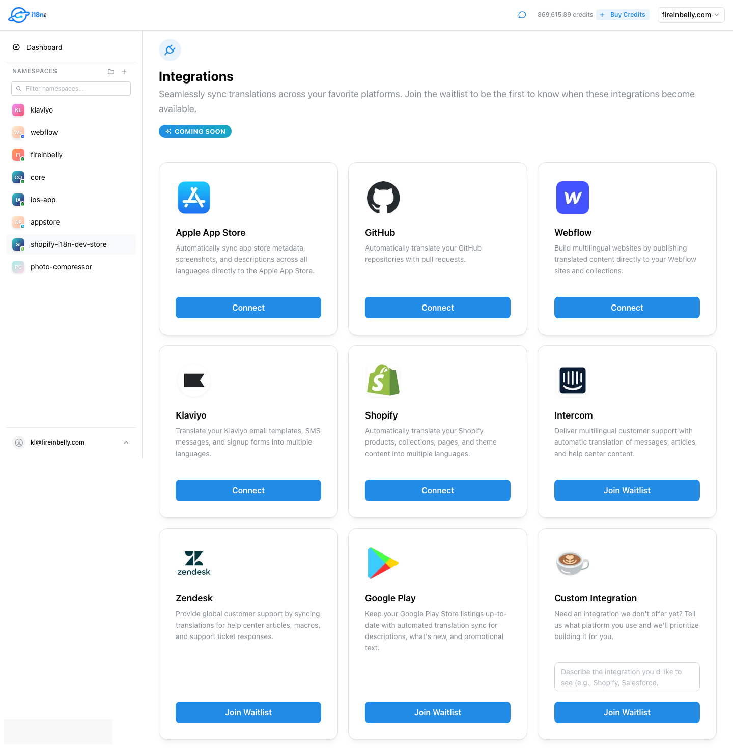 i18n Agent Integrations page showing the Klaviyo card among other platforms
