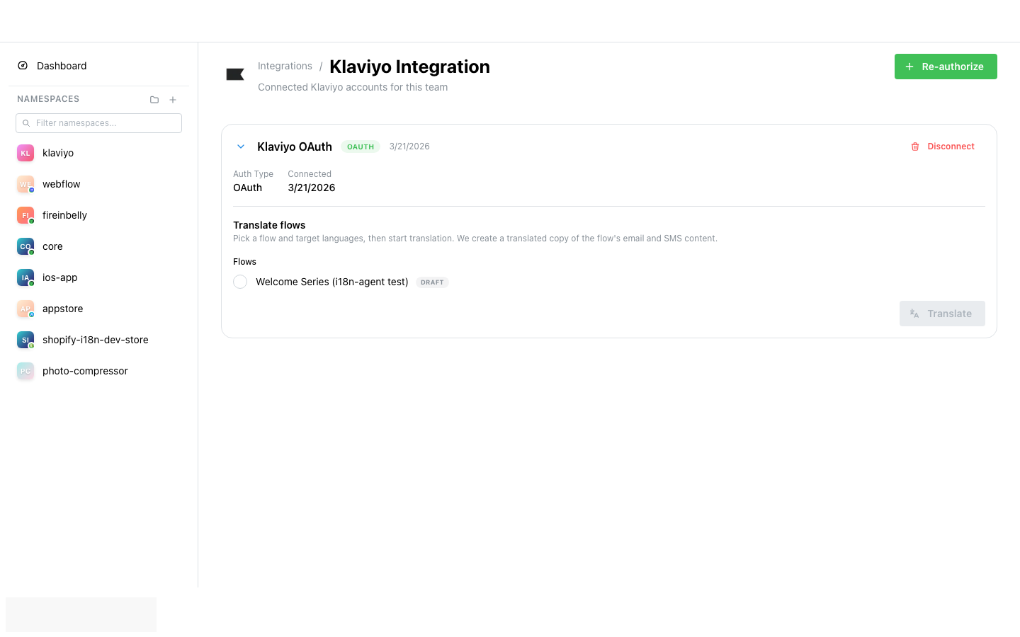 Connected Klaviyo OAuth account with Translate flows section listing a Welcome Series flow