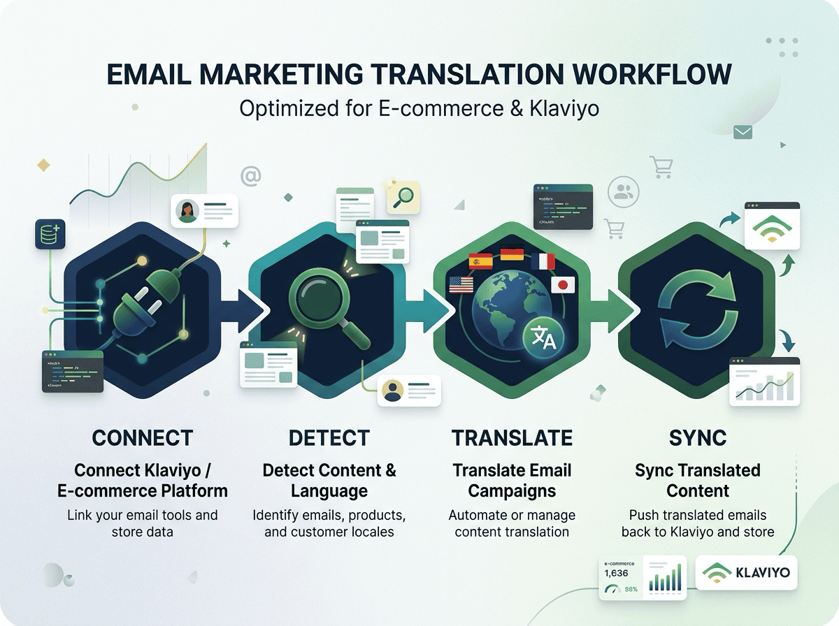 Klaviyo translation workflow - connect, detect, translate, sync