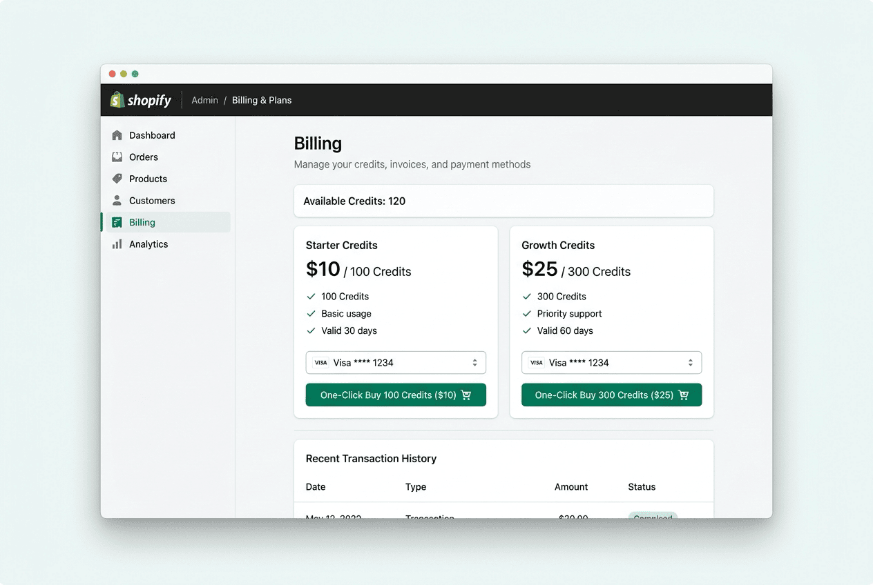 One-click credit purchase from Shopify admin